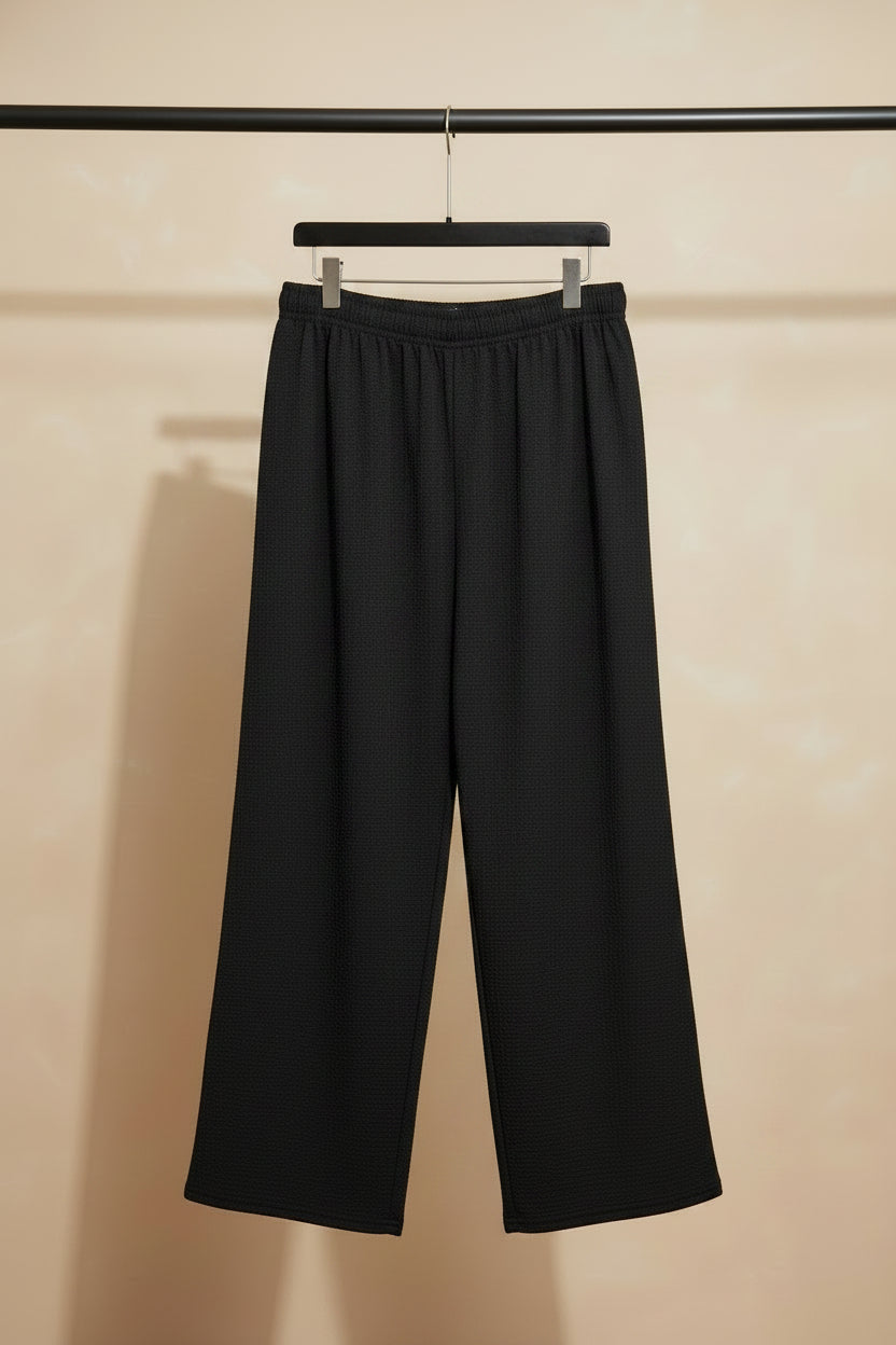 Women's Black Textured Elastic Waist Wide Leg Trousers
