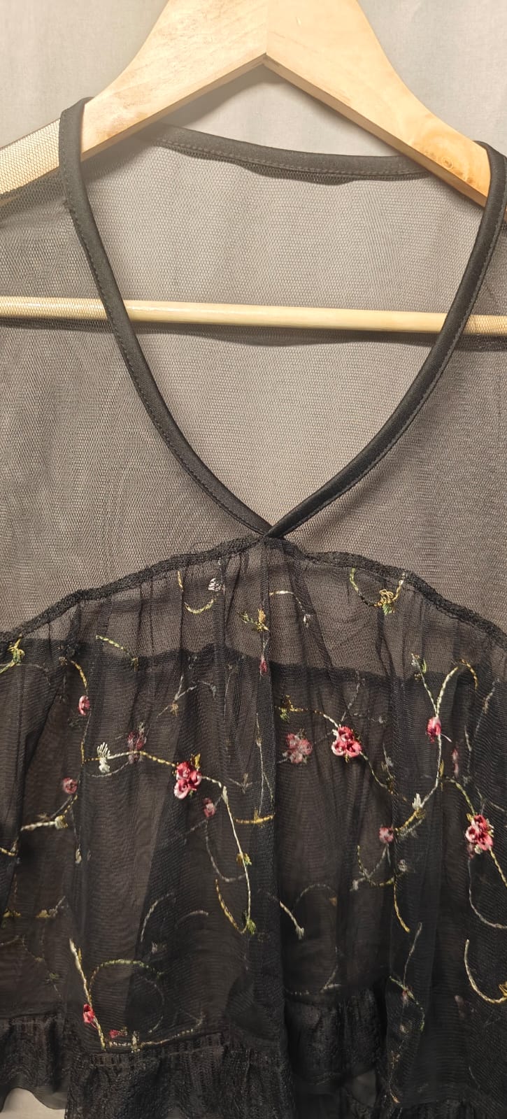 Women's Black Sheer Floral Embroidered Ruffle Crop Top