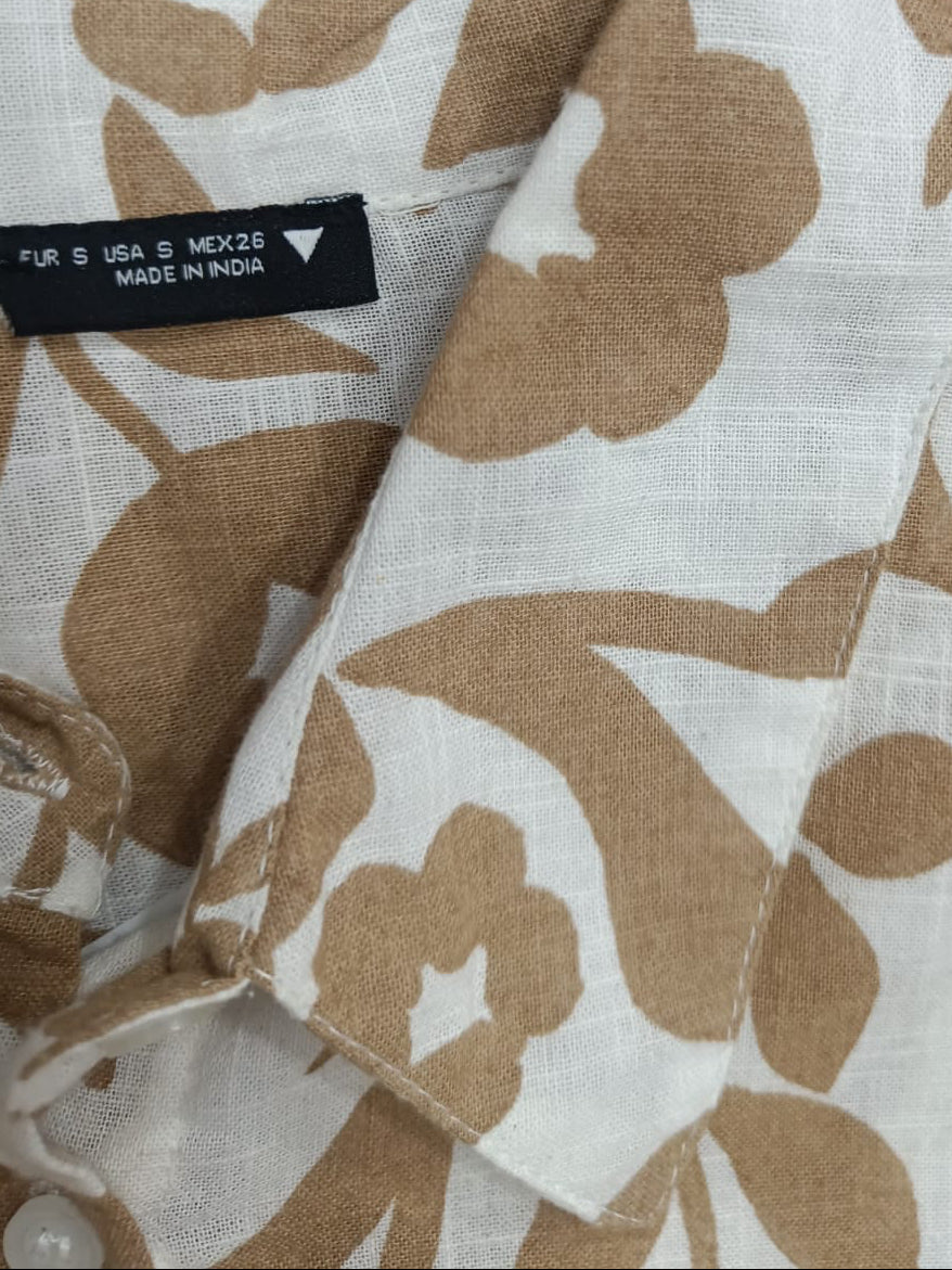 White and Brown Floral Print 3/4 Sleeve Collared Shirt