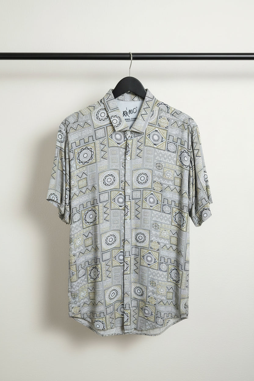 RX100 Men's Grey Geometric Print Casual Shirt