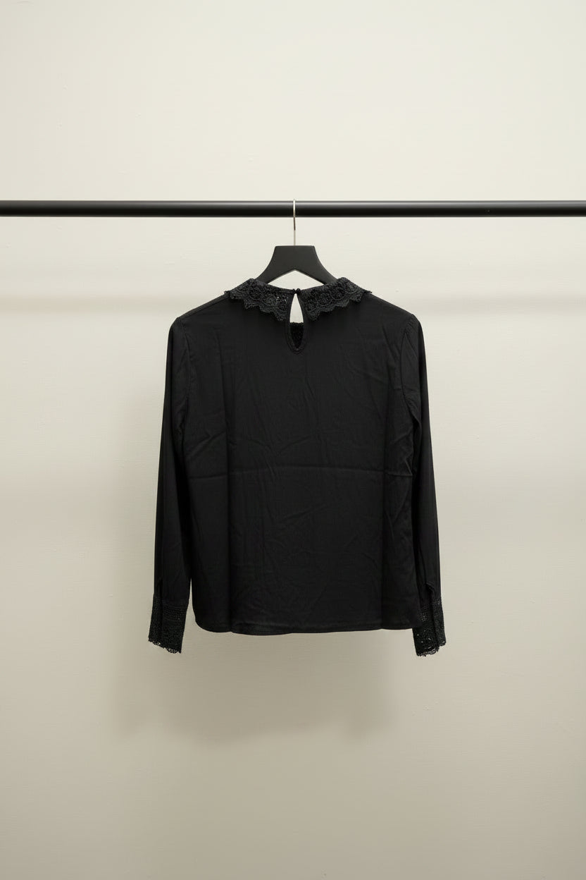 Black Long Sleeve Blouse with Lace Collar and Cuffs