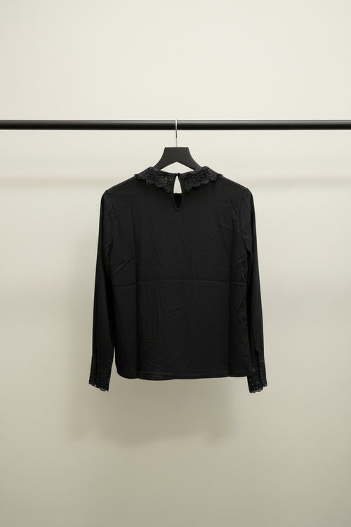 Black Long Sleeve Blouse with Lace Collar and Cuffs