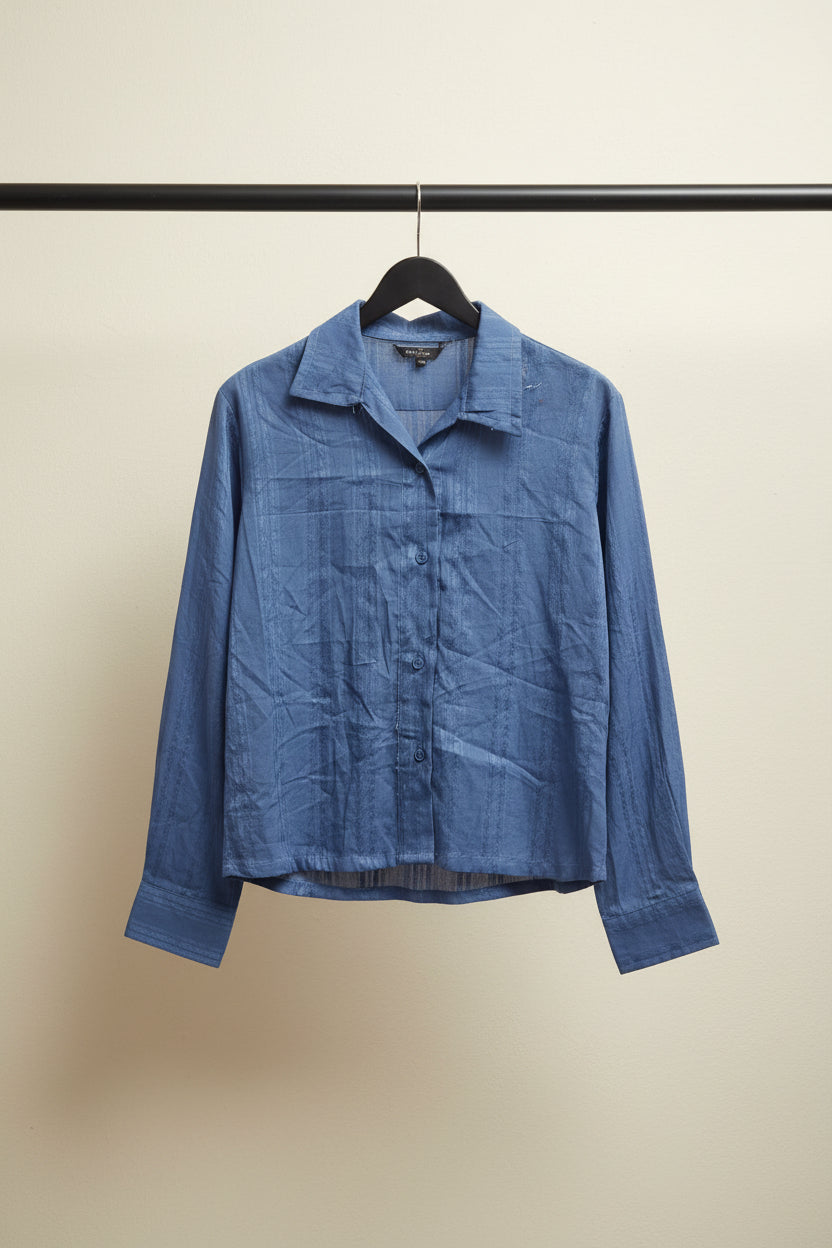 Women's Blue Striped Long Sleeve Collared Shirt