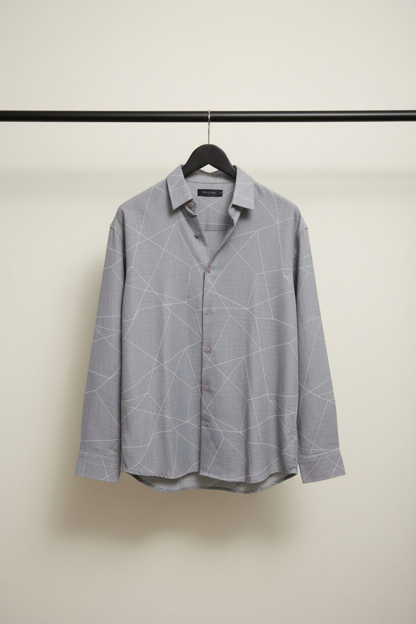 Men's Grey Geometric Pattern Long Sleeve Button-Up Shirt