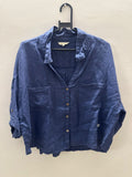 RIMORE Women's Navy Blue Linen Blend 3/4 Sleeve Collared Shirt