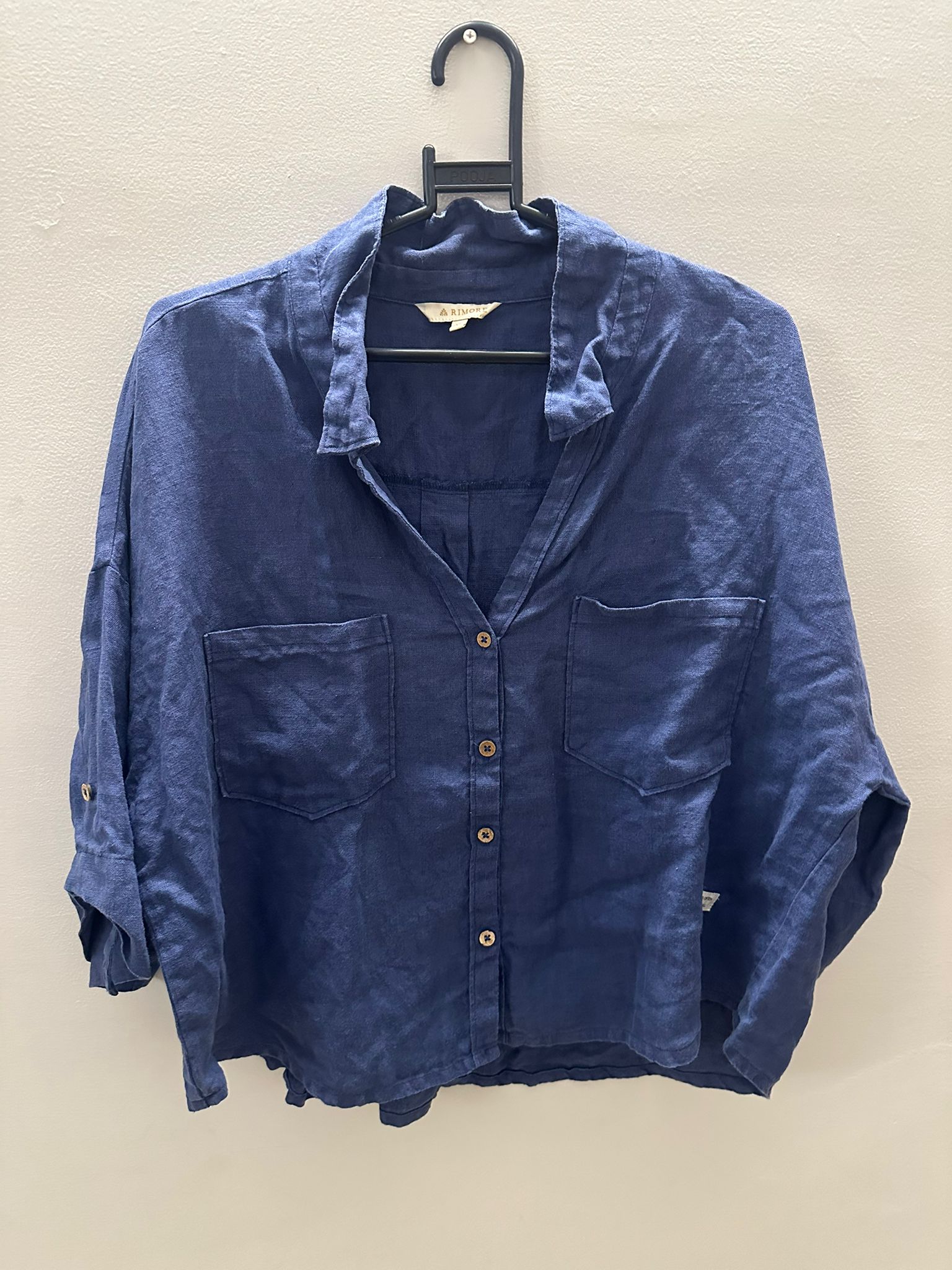 RIMORE Women's Navy Blue Linen Blend 3/4 Sleeve Collared Shirt