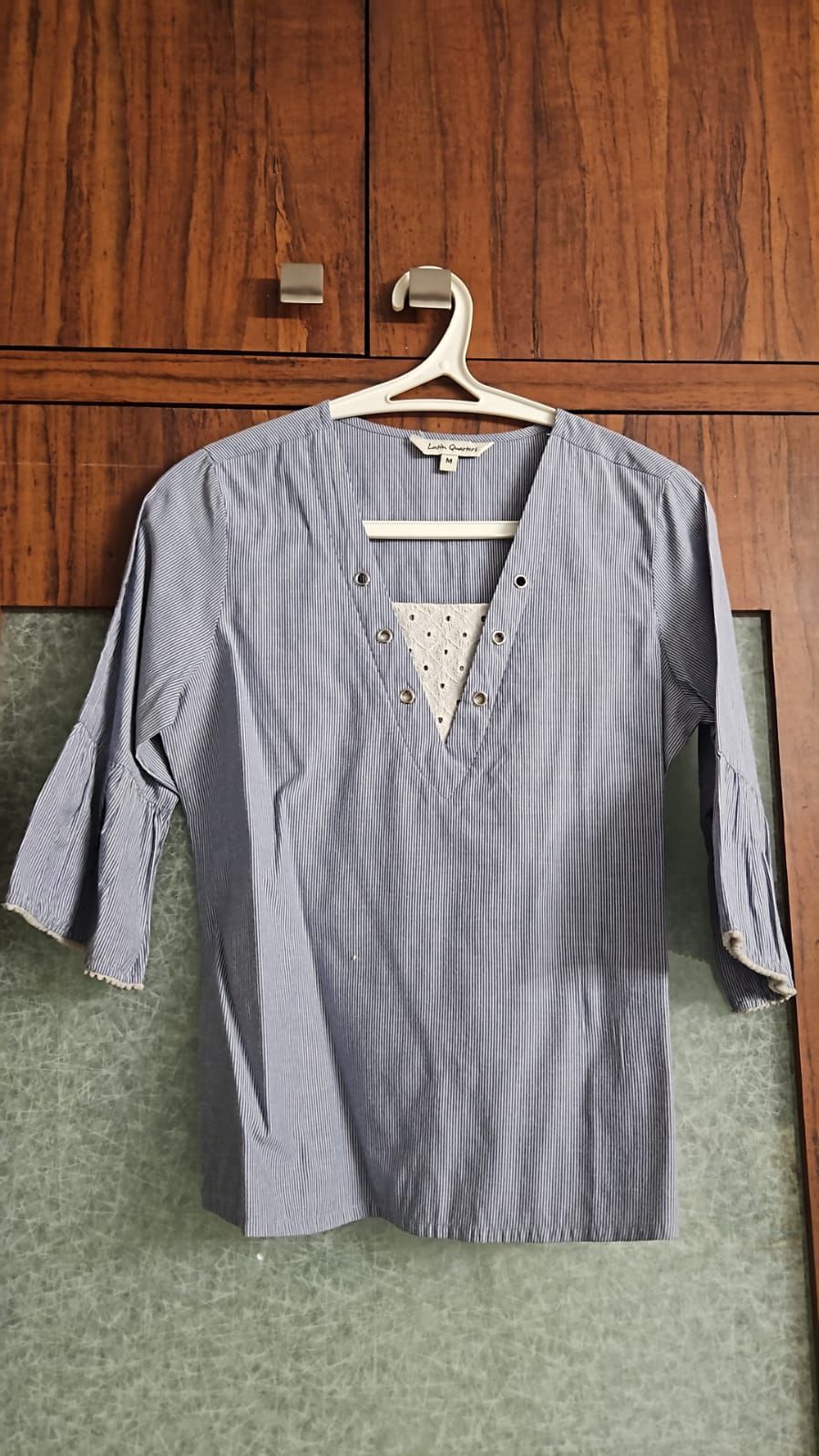 Women's Blue Striped V-Neck Top with Ruffle Sleeves