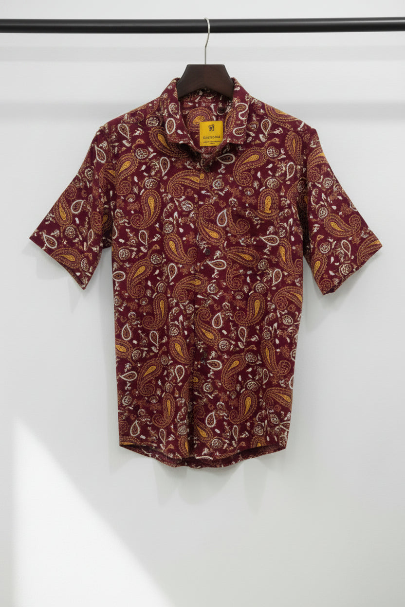 Grassland Men's Maroon Paisley Print Short Sleeve Casual Shirt