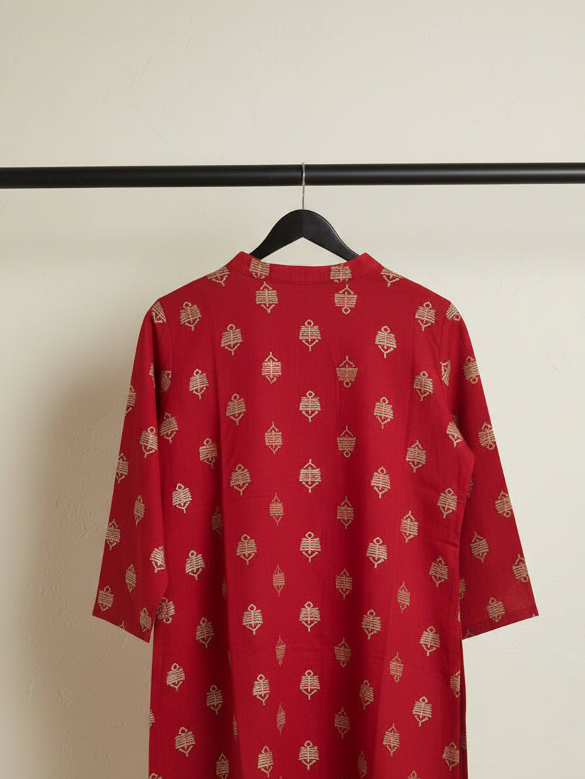 Red Printed Round Neck Long Sleeve Blouse