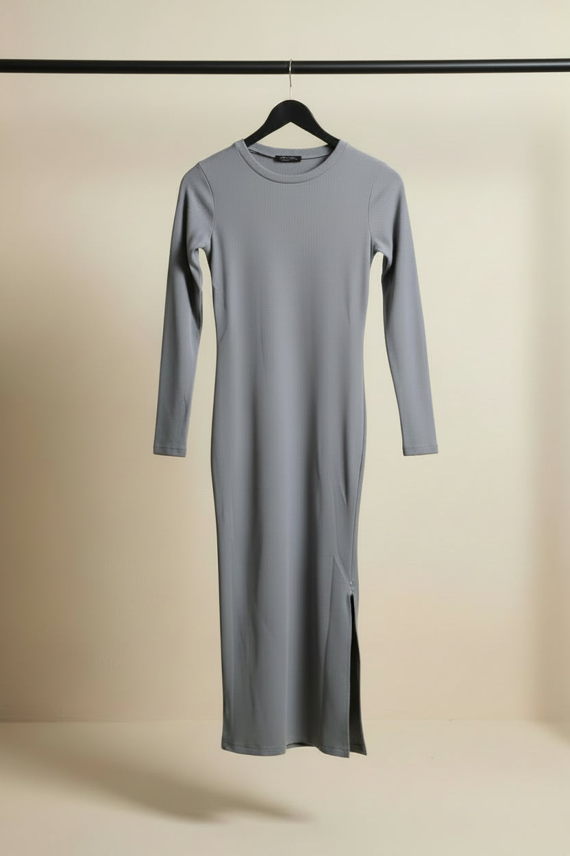 ATTIRHUB Women's Grey Ribbed Long Sleeve Bodycon Long Dress