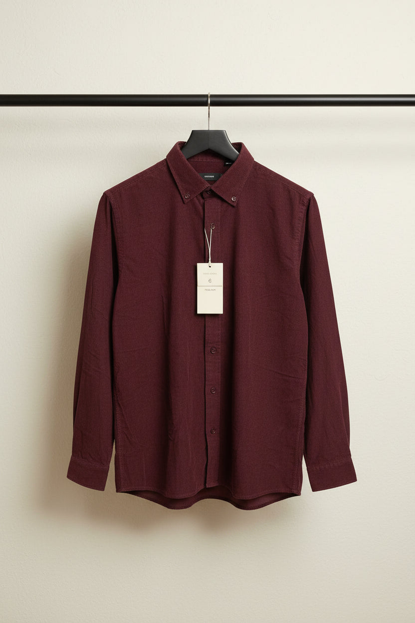 INGLISH Men's Maroon Corduroy Long Sleeve Button-Down Shirt