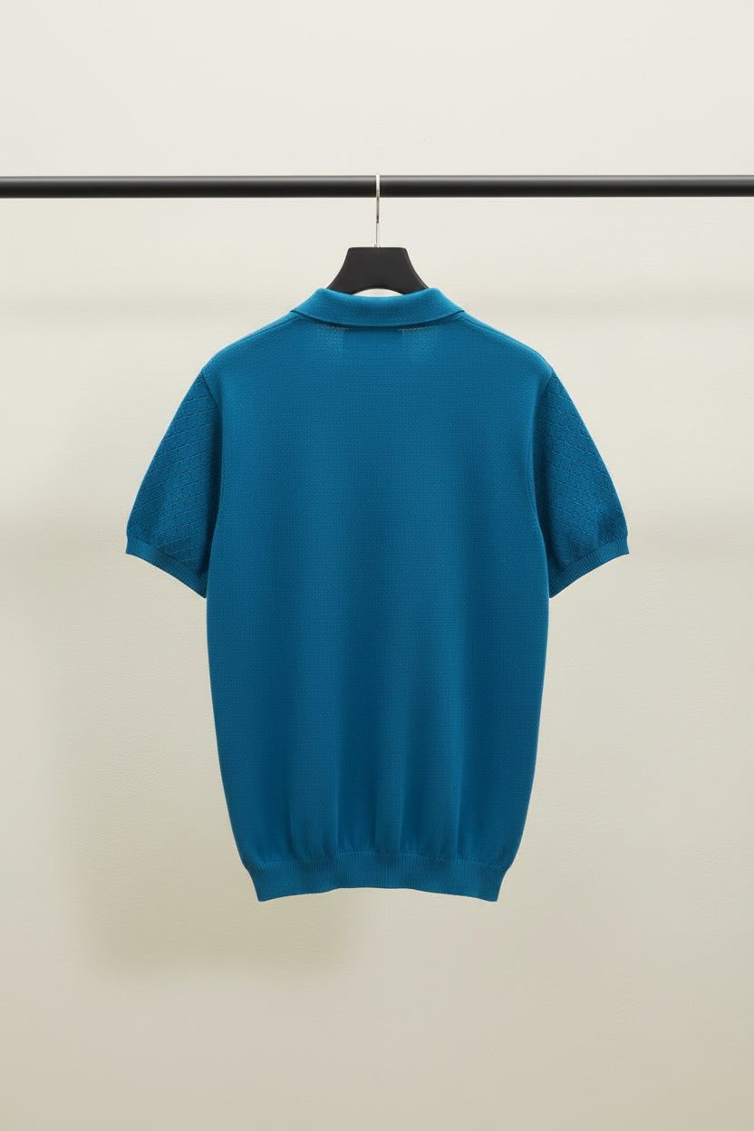 Burberry Men's Teal Knit Polo Shirt with Diamond Pattern, Size XL