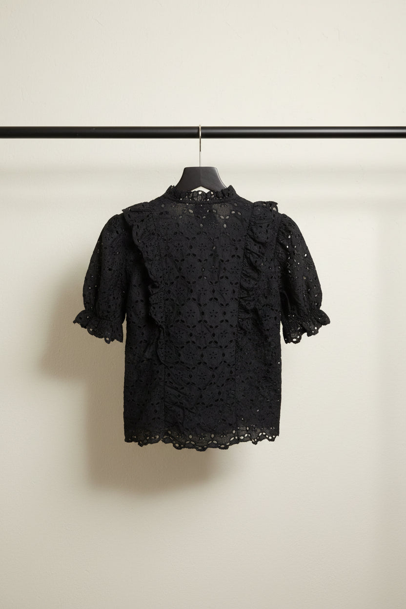 OUTRYT Black Eyelet Ruffle Short Sleeve Blouse