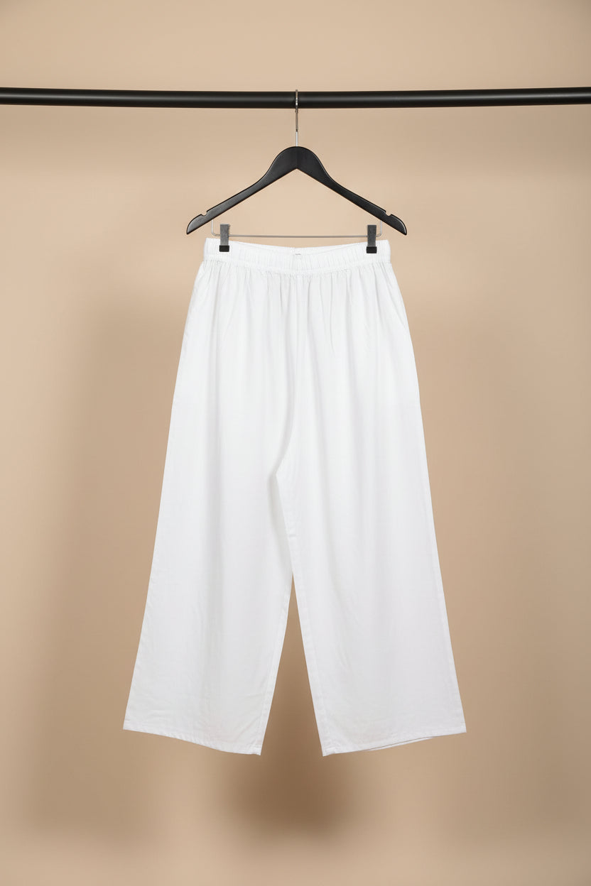 Women's White Elastic Waist Cotton Blend Palazzo Pants