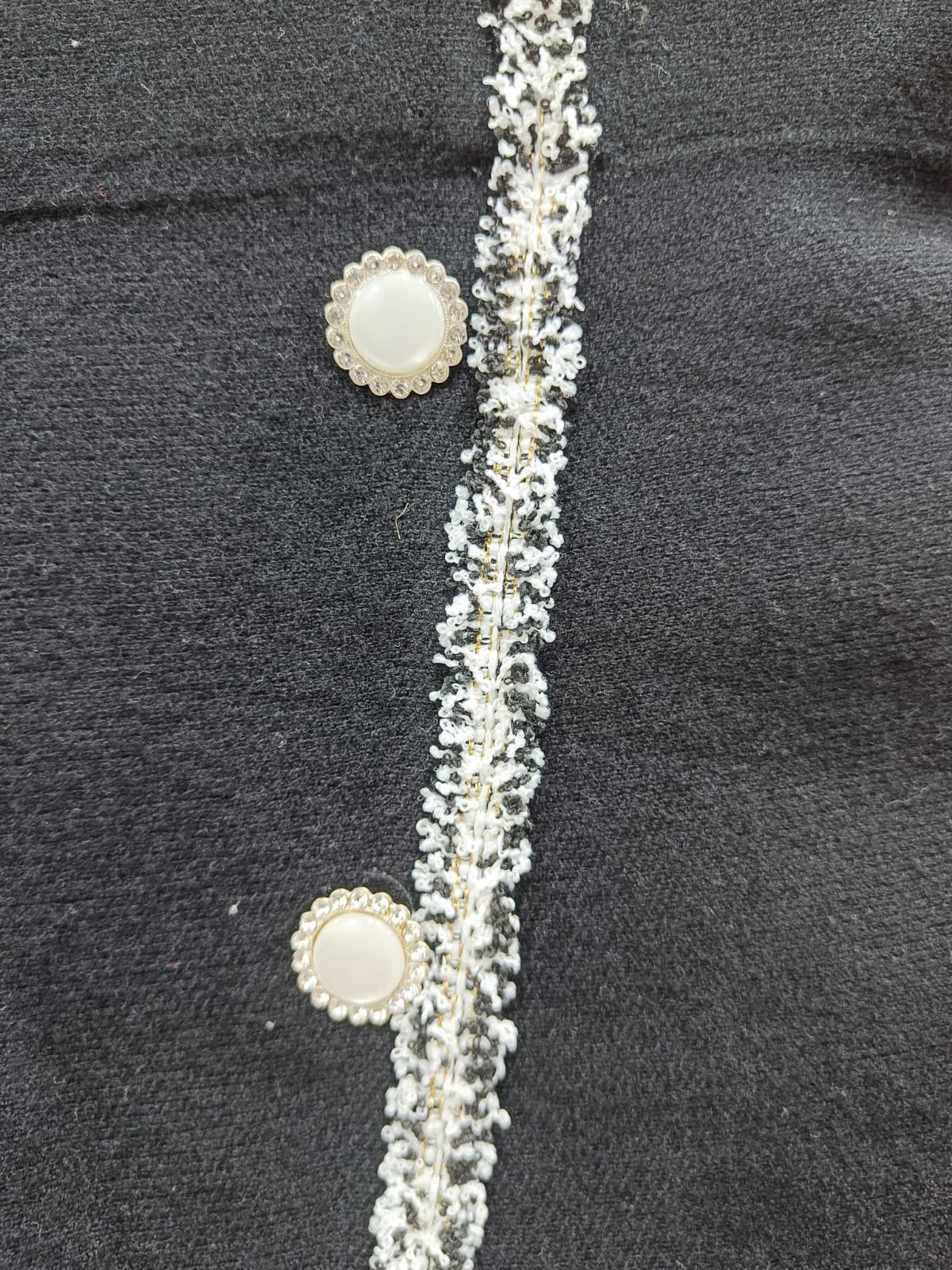 Black Asymmetric Mini Skirt with Pearl Buttons and Tweed Trim