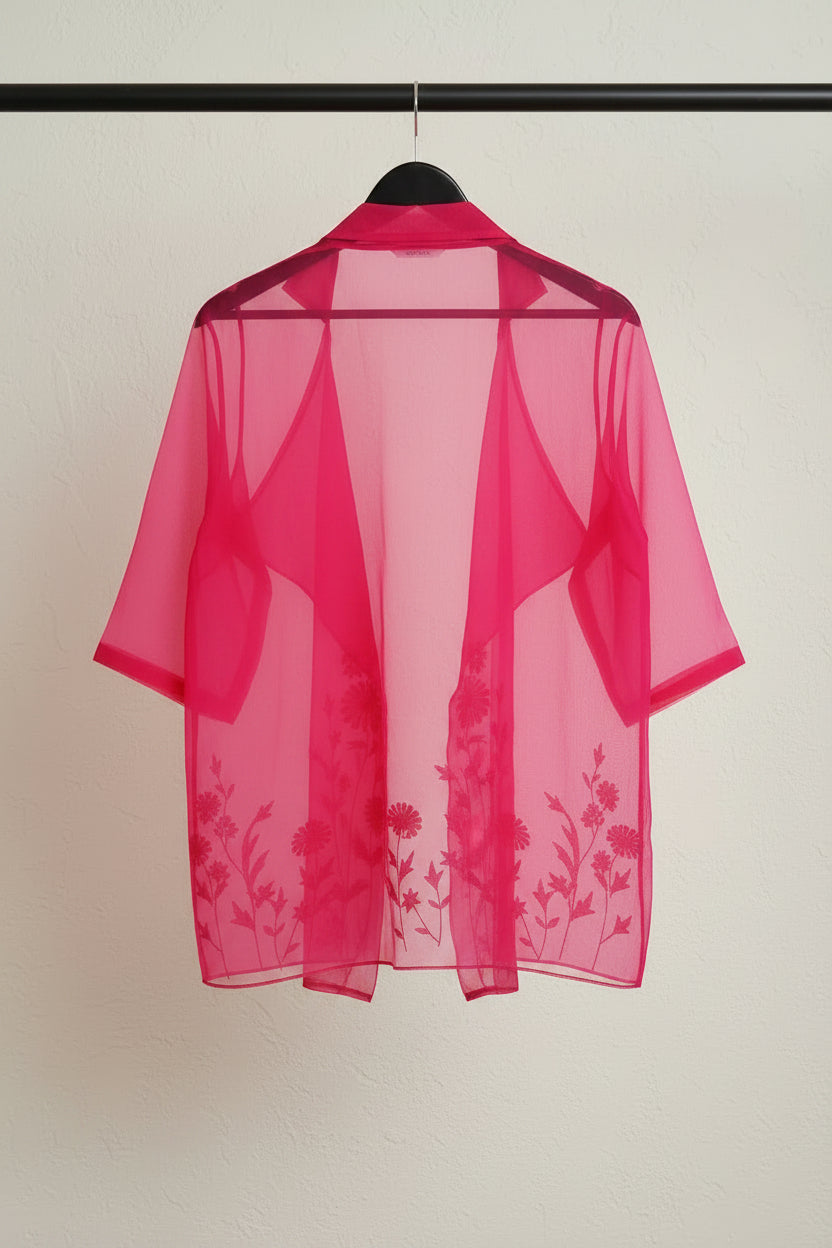 Jamila & Seema Women's Hot Pink Floral Embroidered Sheer Shrug