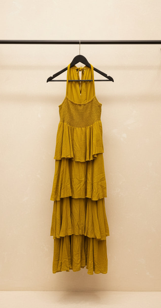 Women's Mustard Yellow Halterneck Tiered Maxi Dress