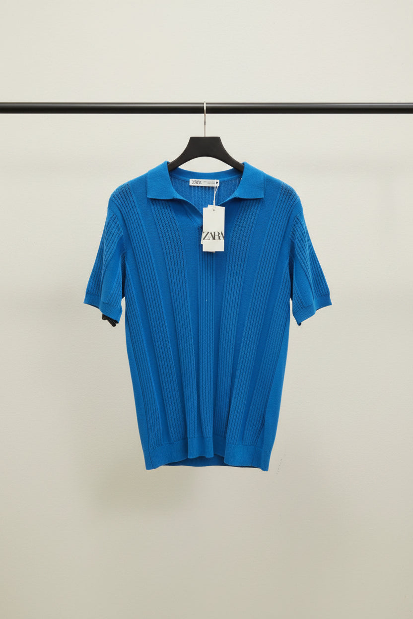 Zara Blue Knitted Polo Shirt with Openwork Details