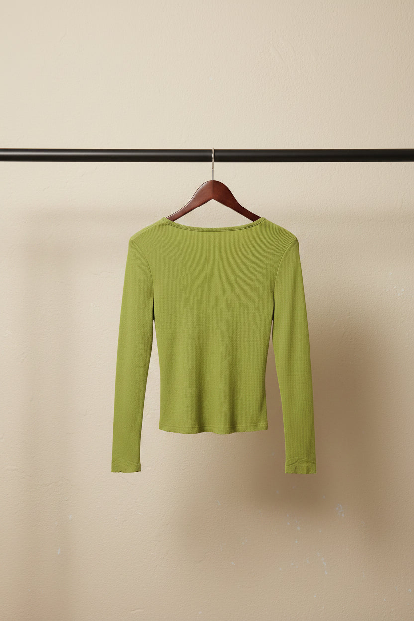 Green Ribbed Long Sleeve V-Neck Top