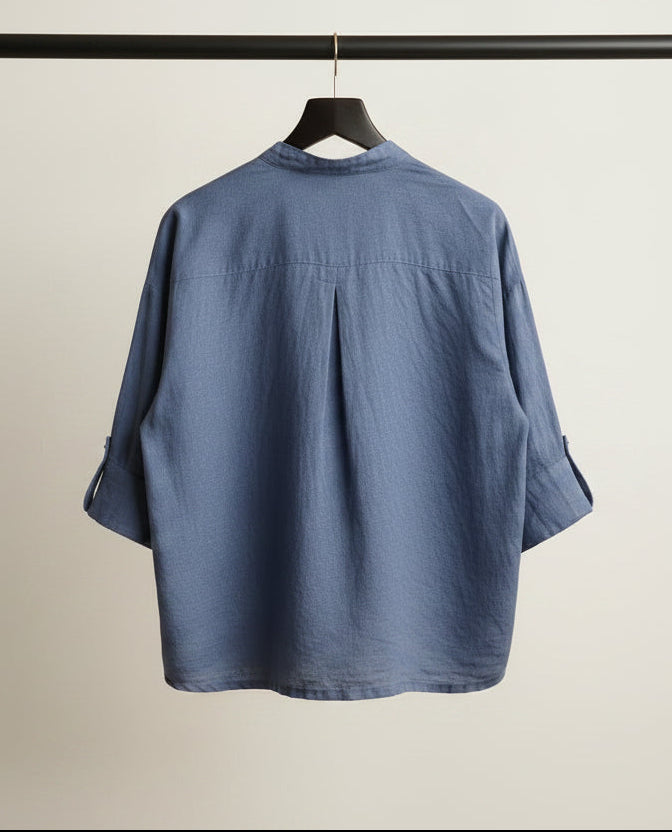 Rimore Women's Navy Blue Linen Blend Collared Shirt