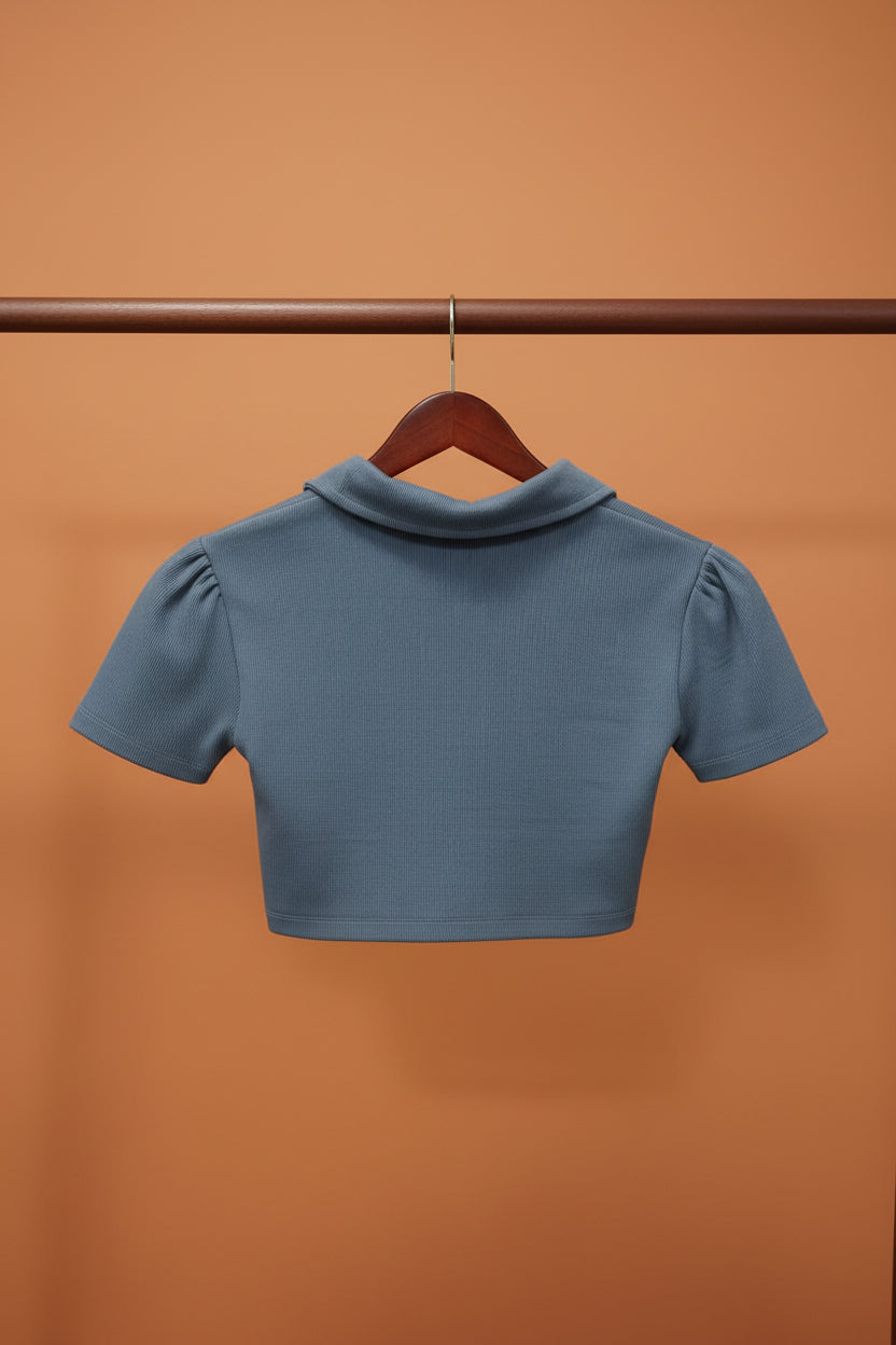 Attire Hub Women's Blue Ribbed Collared V-Neck Crop Top