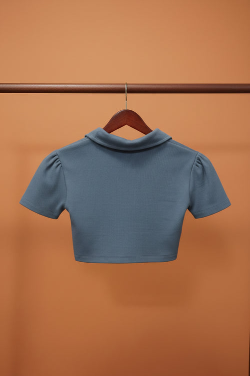 Attire Hub Women's Blue Ribbed Collared V-Neck Crop Top