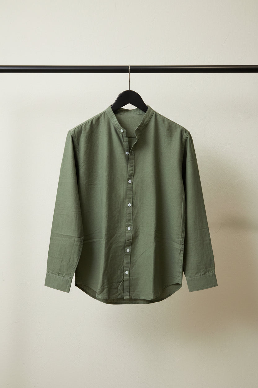 H&M Men's Olive Green Band Collar Long Sleeve Shirt