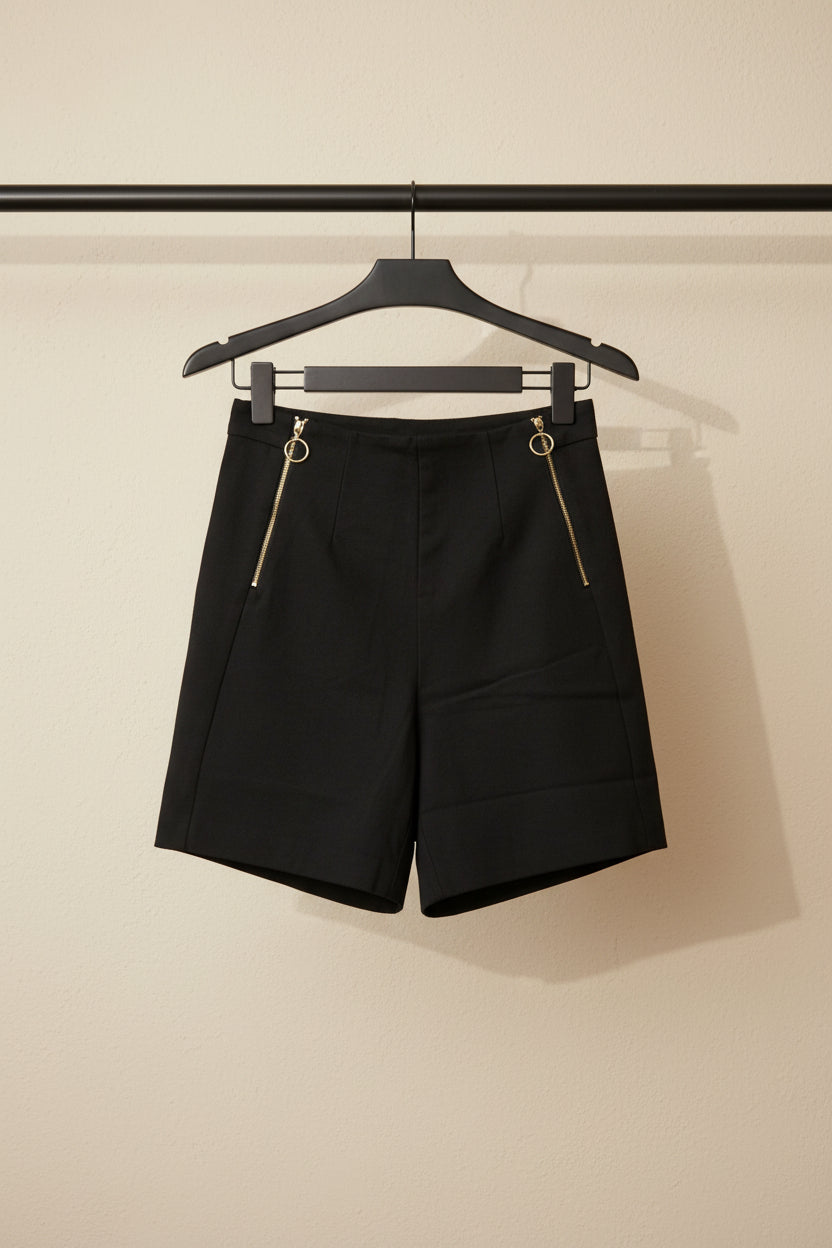 Black Tailored High-Waist Shorts with Gold Zipper Details