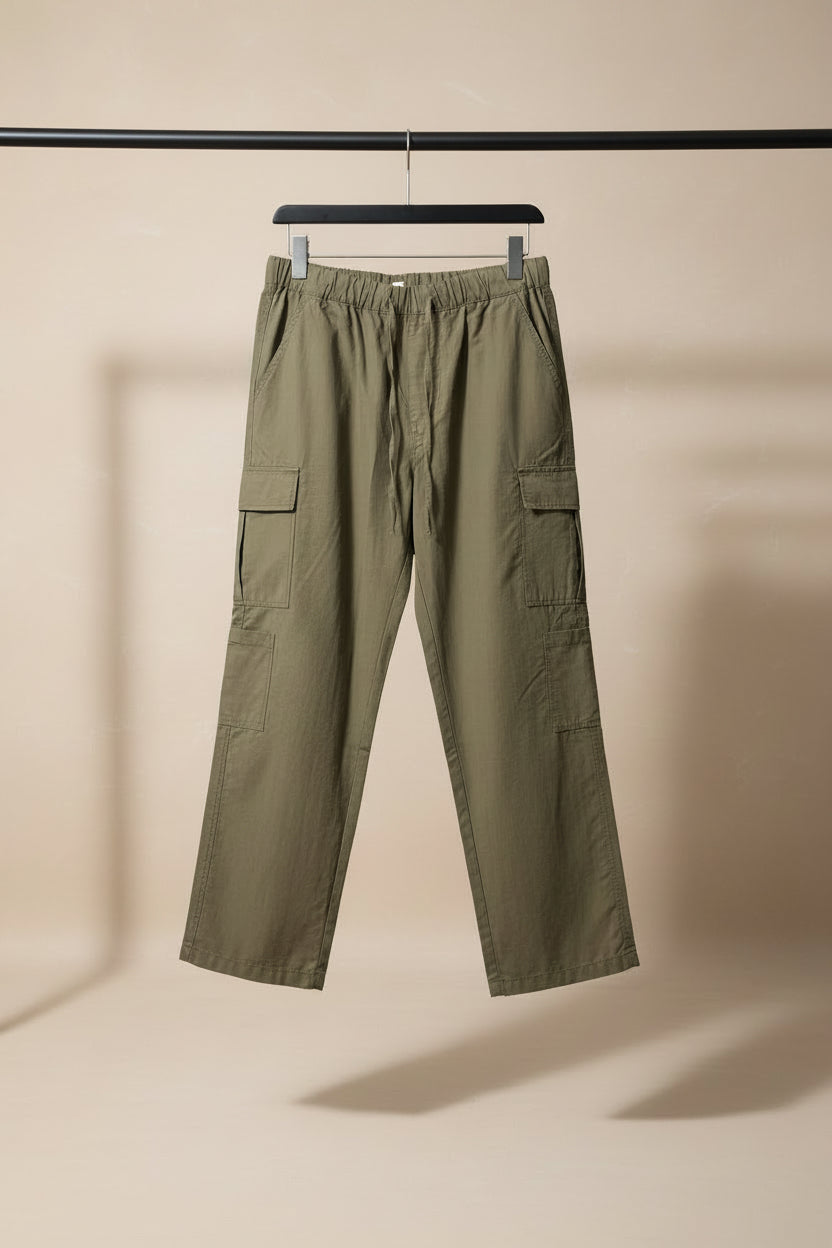 Men's Olive Green Elastic Waist Cargo Pants with Pockets