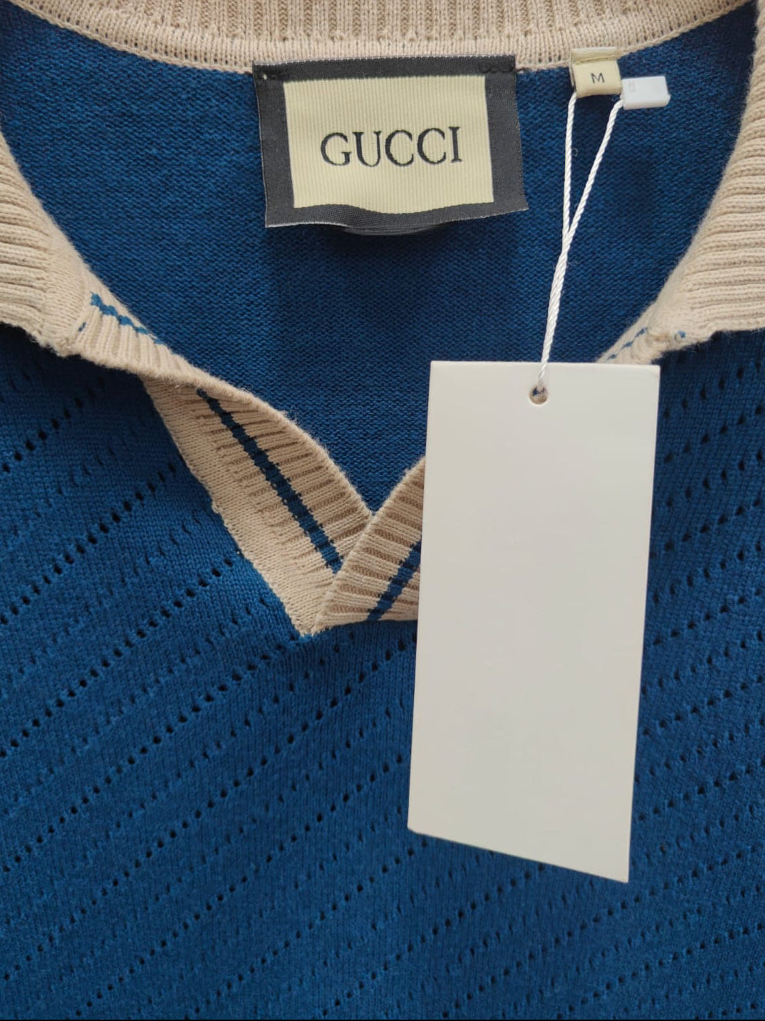 GUCCI Men's Blue Knit Polo Shirt with Beige Collar
