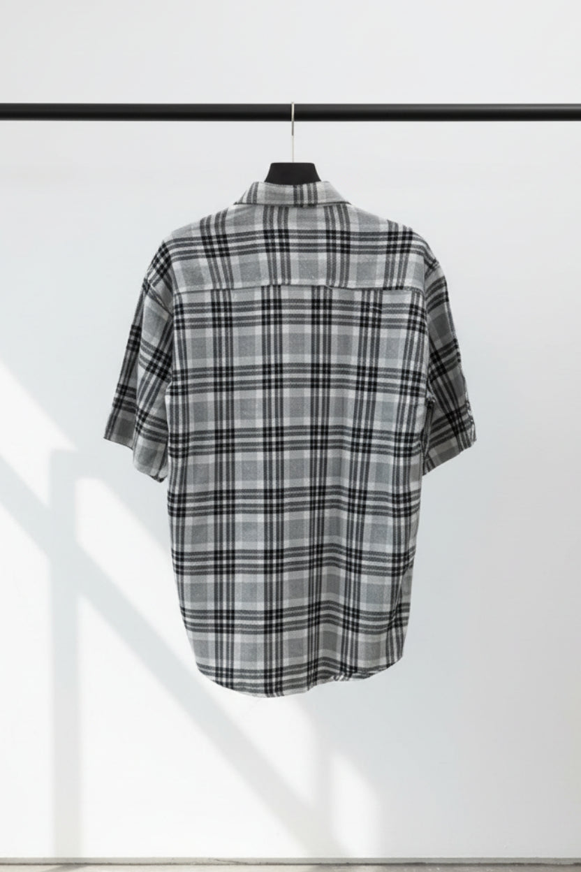 M7 Men's Grey and Black Plaid Short Sleeve Casual Shirt