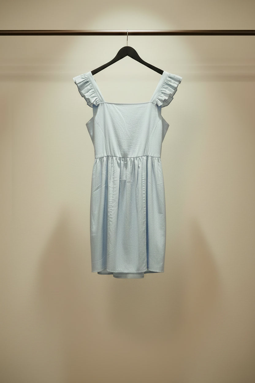 Light Blue Ruffled Strap Square Neck Mini Dress by CAT