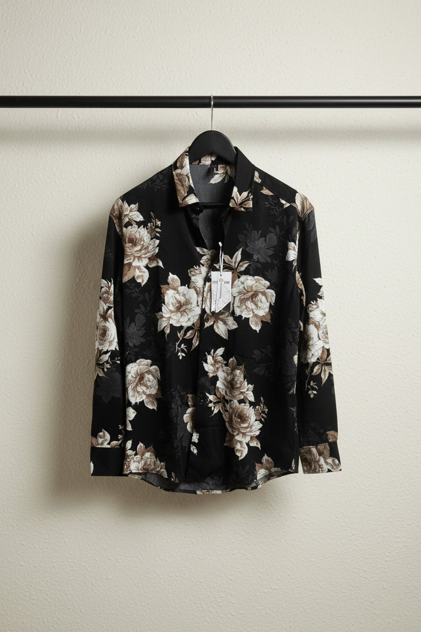 LOUIS COUTURE Men's Black Floral Printed Long Sleeve Casual Shirt