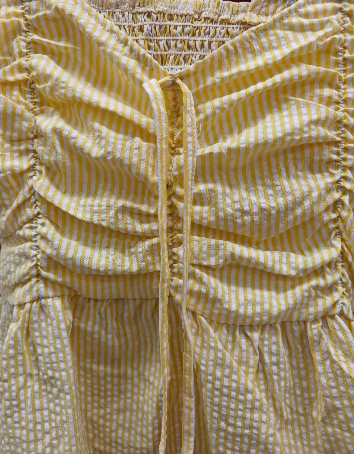 Women's Yellow & White Striped Smocked Ruffle Strap Peplum Top