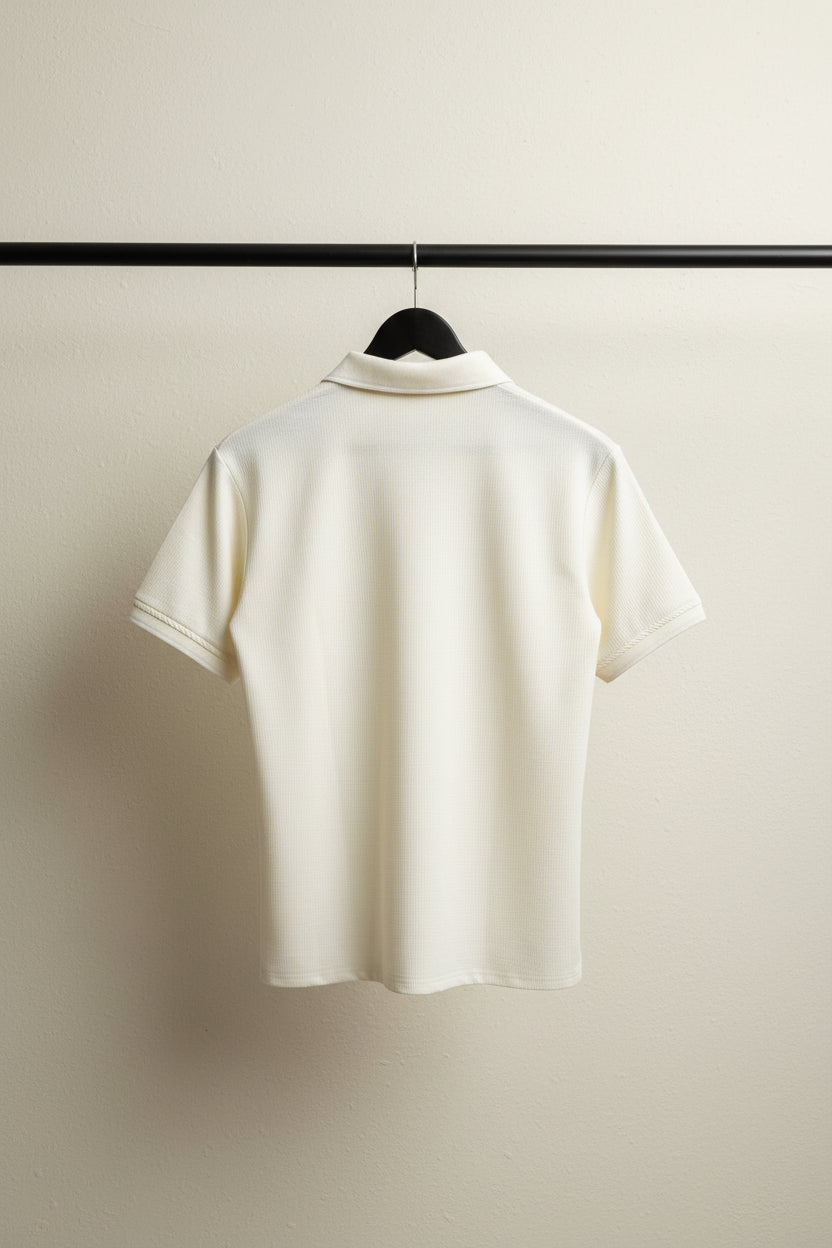 Armani Exchange Men's Cream Ribbed Polo Shirt with Zipper