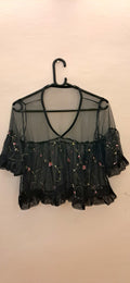 Women's Black Embroidered Sheer Mesh Peplum Top