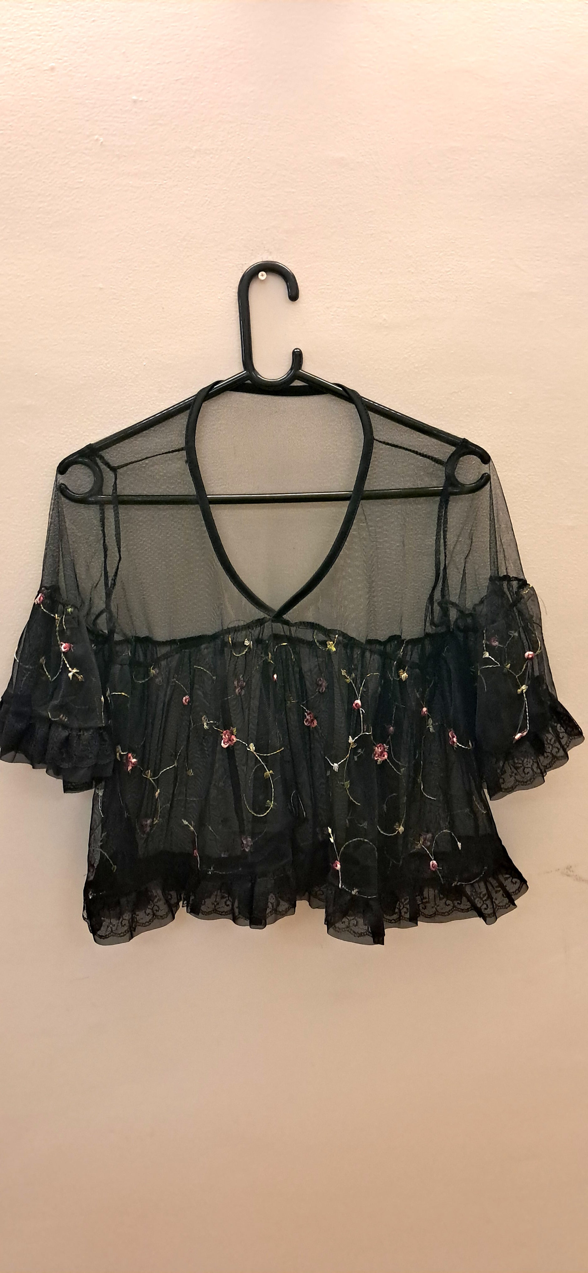 Women's Black Embroidered Sheer Mesh Peplum Top