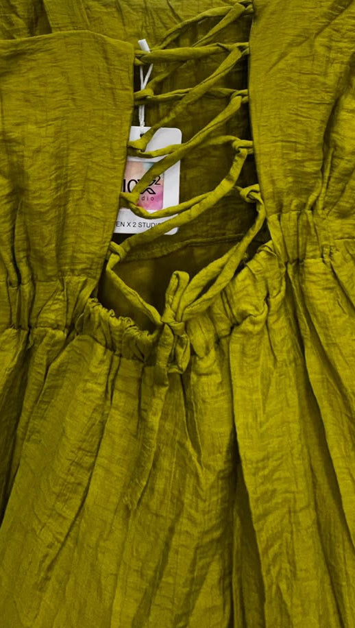 Women's Green Crinkled Tiered Mini Dress with Lace-Up Back