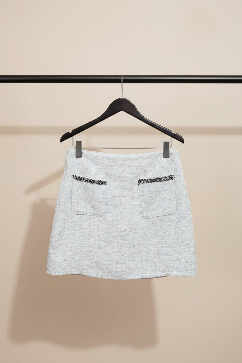Light Blue Tweed Mini Skirt with Decorative Pockets