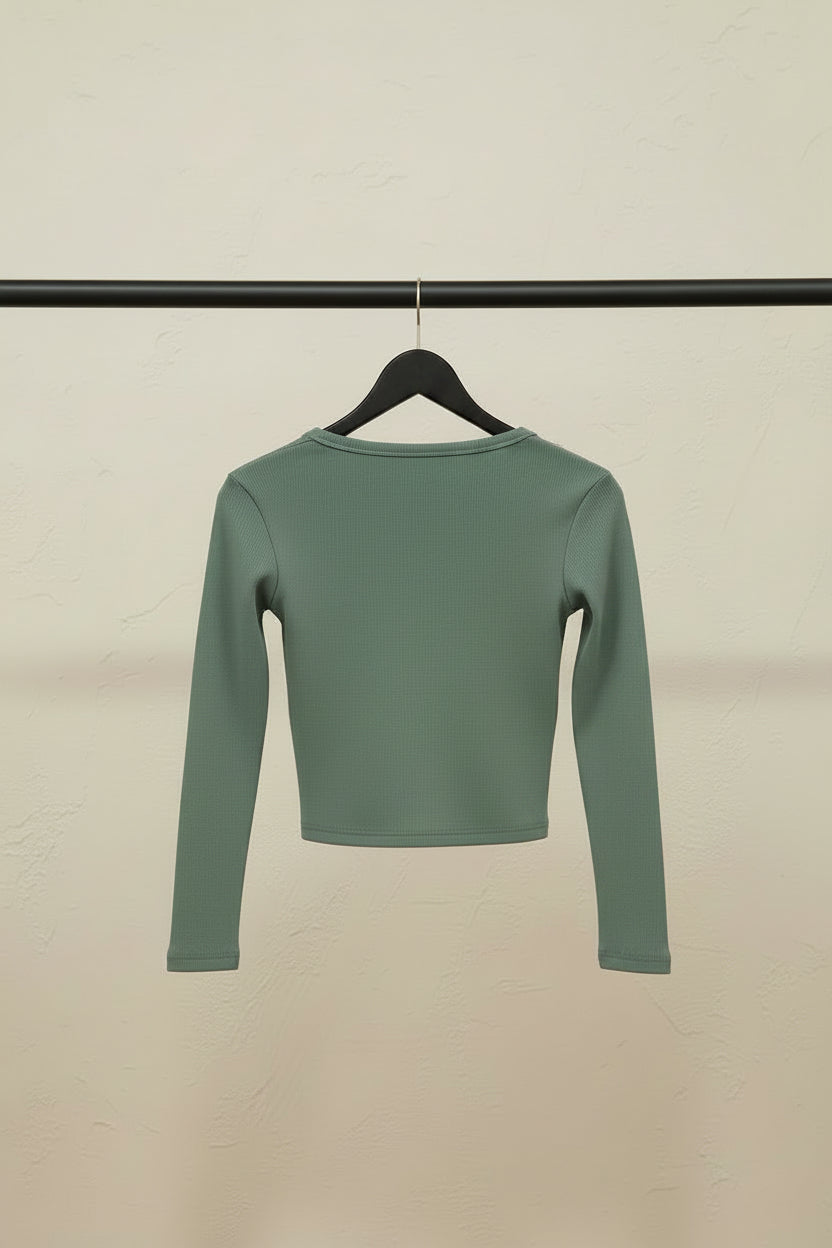 ATTIRE HUB Women's Olive Green Ribbed V-Neck Button-Front Crop Top