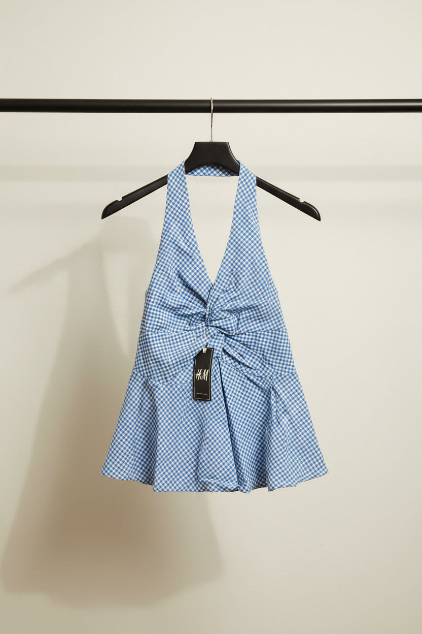 H&M Blue Gingham Halter Neck Smocked Top