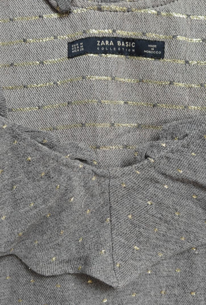 Zara Basic Collection Grey Off-Shoulder Ruffle Top with Gold Speckles