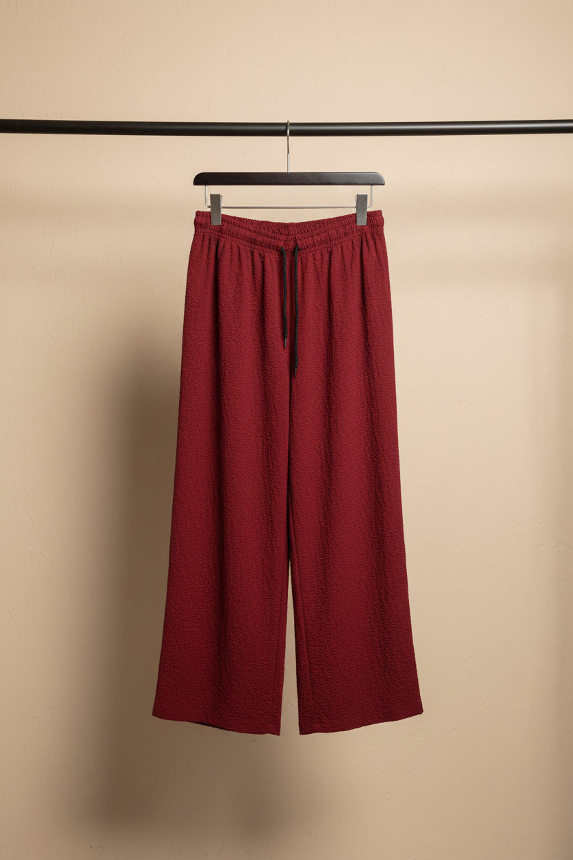 Women's Red Textured Elastic Waist Wide Leg Pants