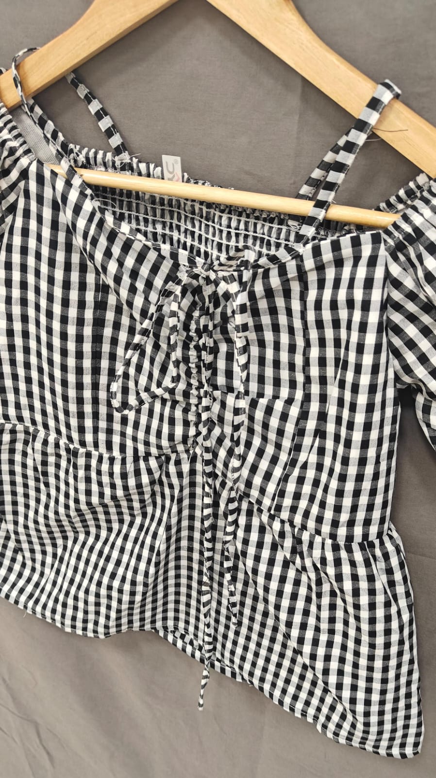 Women's Black & White Gingham Off-Shoulder Peplum Top