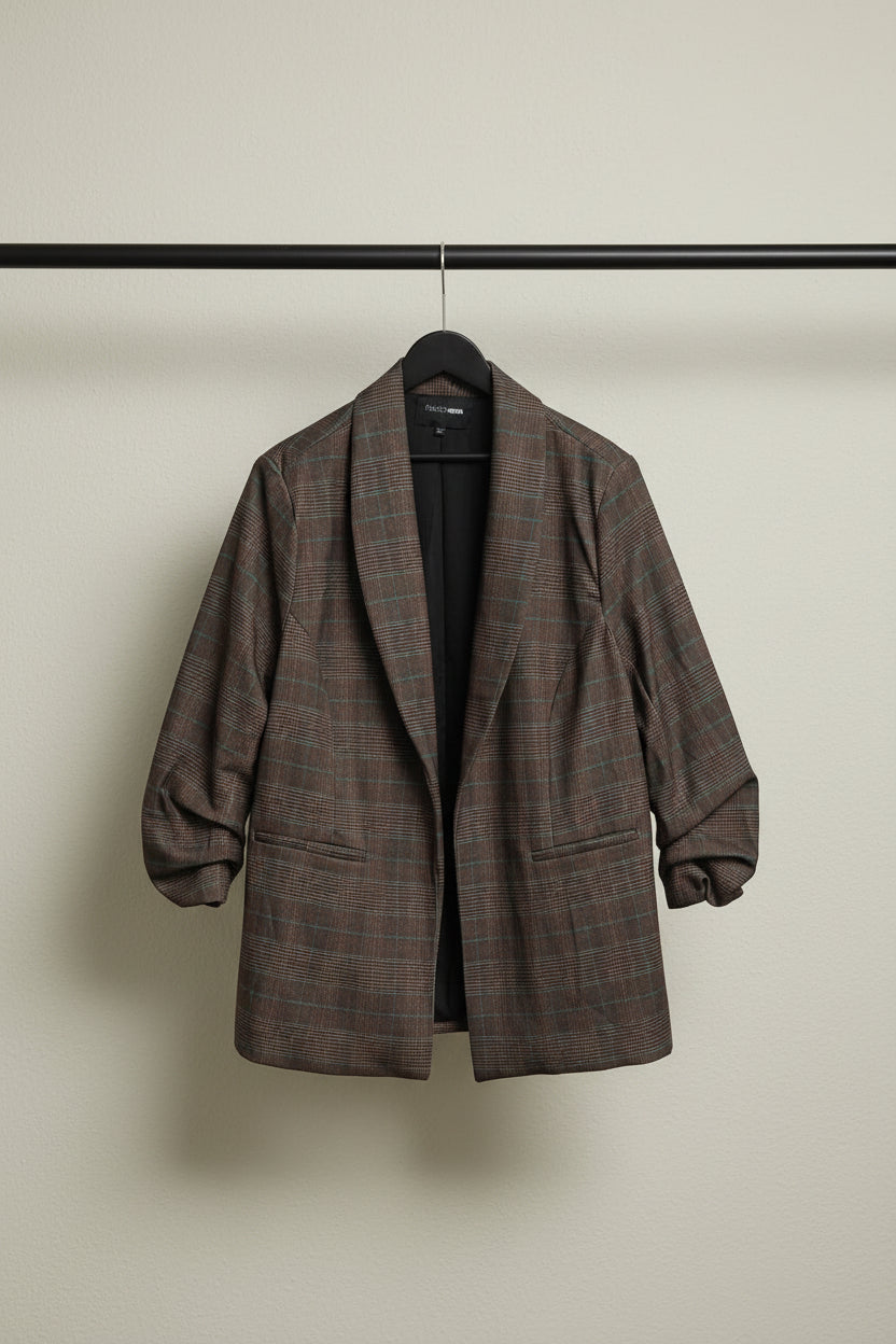 Fashion Nova Brown Plaid Open Front Relaxed Fit Blazer
