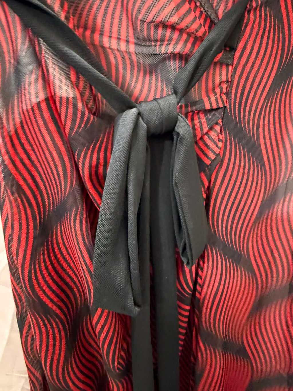 Red and Black Printed Sheer Mesh Wrap Mini Dress