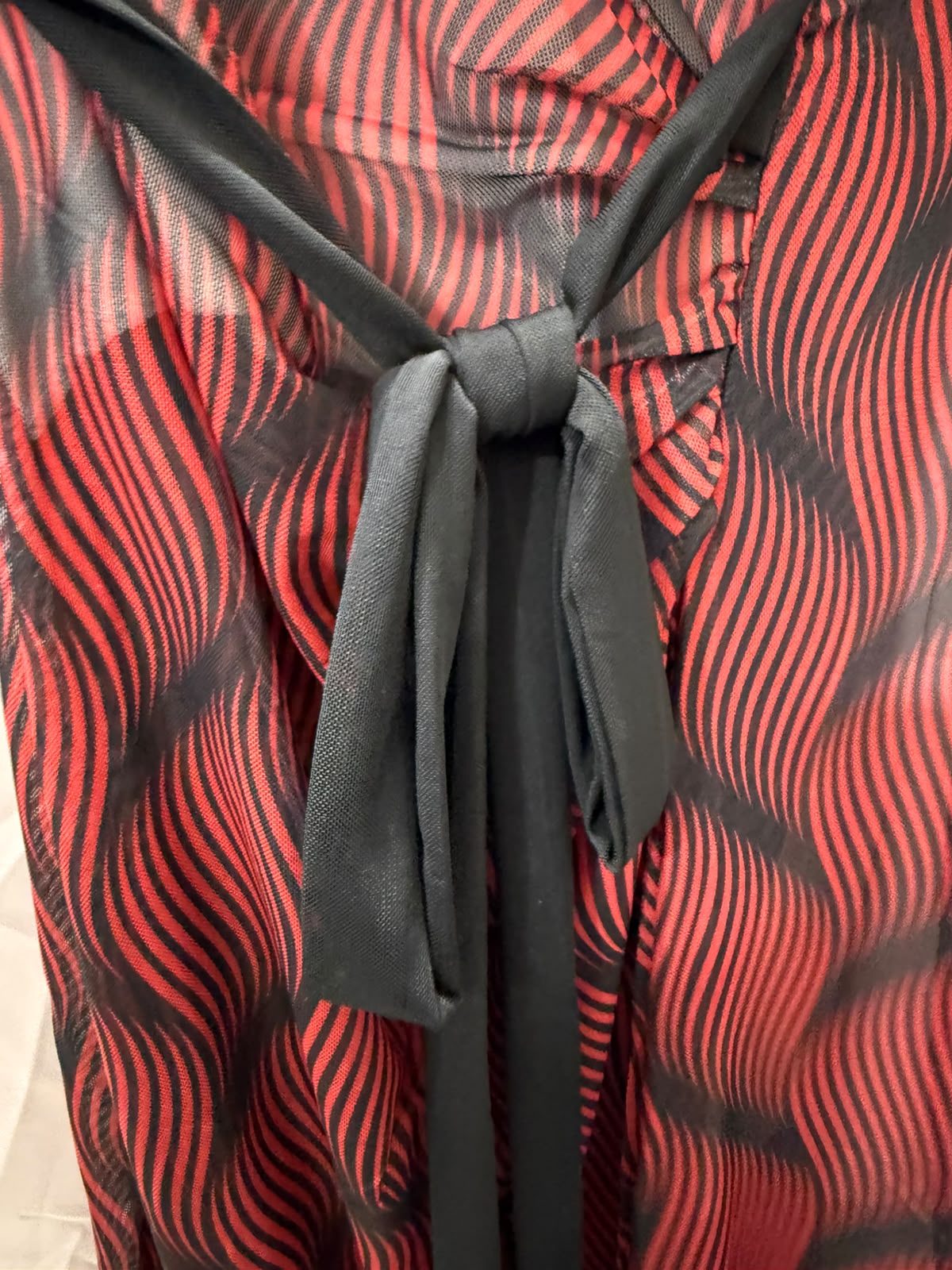 Red and Black Printed Sheer Mesh Wrap Mini Dress