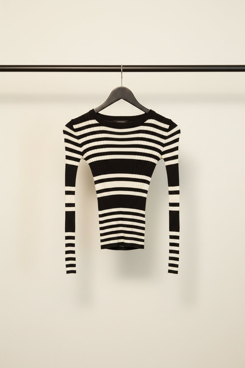 ATMOSPHERE Women's Black and White Striped Ribbed Knit Long Sleeve Top
