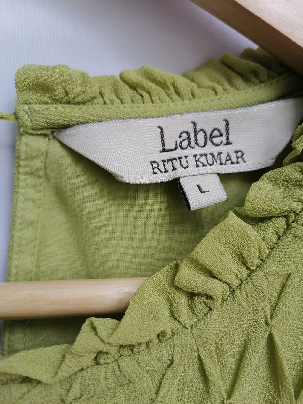 Label Ritu Kumar Green Smocked Ruffle Blouse