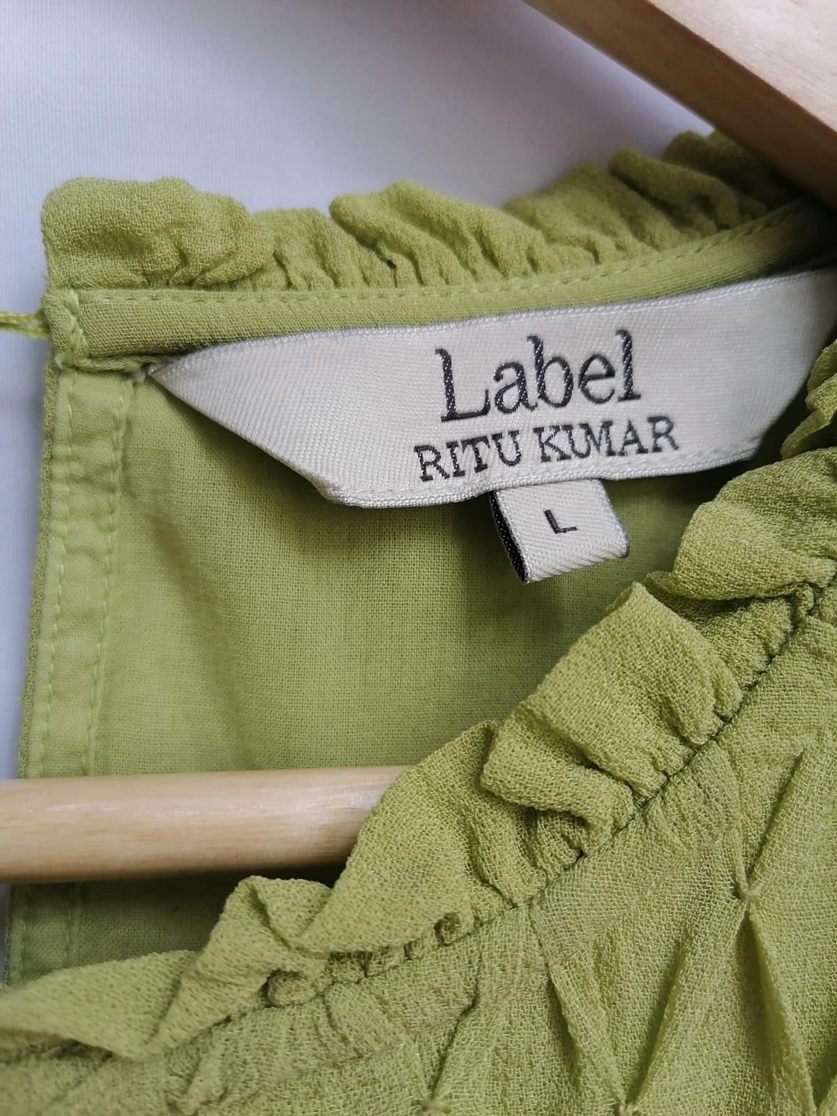 Label Ritu Kumar Green Smocked Ruffle Blouse